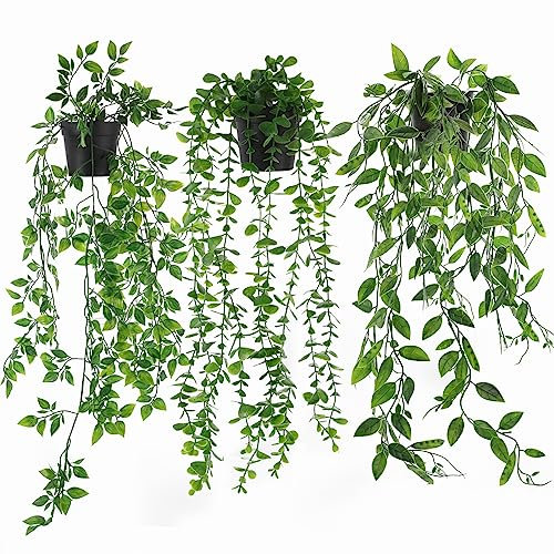 Yafe 3 Pack Artificial Hanging Plants, Fake Ivy Potted Plant Outdoor Artificial Trailing Fake Ivy Vines Decor Faux Hanging Plant with Pot Greenery for Home Decor Garden Wall Indoor