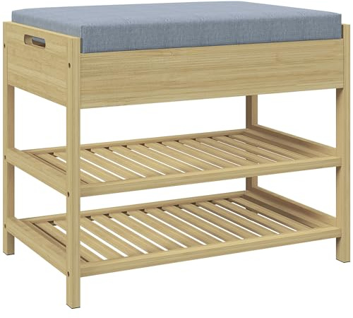 HOMCOM Banc à Chaussures avec Coussin d'assise, Meuble à Chaussures, 2 étagères à Lattes en Bambou et 1 tiroir, étagère à Chaussures, pour Salon, entrée, Chambre, 55 x 35 x 46 cm, Naturel