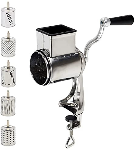 Râpe à pommes de terre manuelle - Robot de cuisine avec 5 tambours - Râpe manuelle - Mandoline à légumes - Forte aspiration - Idéal pour concombres, noix de fromage, carottes, etc. - Blanc