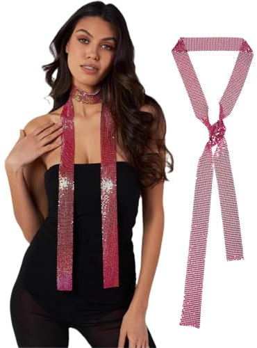 JK Home Sparkling Metallic Scarf Metal Sequins Choker Neck Tie Scarf Skinny Neckerchief for Women Sparkle Glitter Long Thin Scarves Necktie for Girls Party Wedding Rose Red