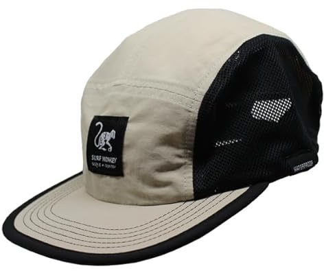 Surf Monkey Casquette de sport à 5 panneaux - Course - Polyester recyclé - Imperméable - DWR sans fluor - Adulte, beige, Taille unique