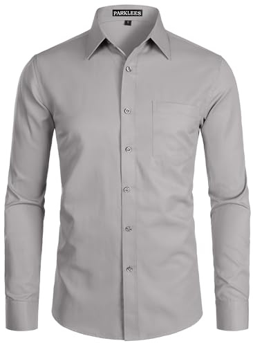 PARKLEES Camicia da uomo a manica lunga, tinta unita, Slim Fit, casual, per affari e formale, con bottoni e tasca, Grigio, M