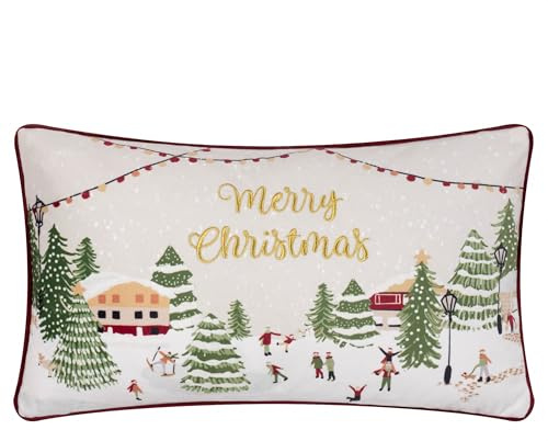 furn. Housse de Coussin Joy to All – Housse de Coussin Festive en Velours brodé Motif Ville de Noël avec Bordure passepoilée (Neige/Baies - 30x50cm)