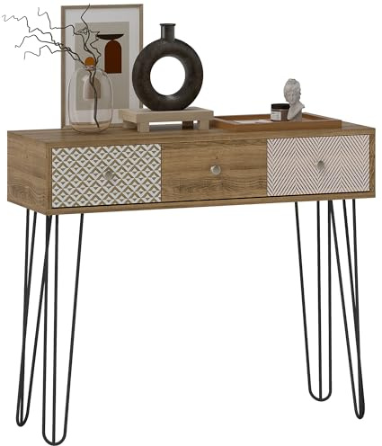 HOMCOM Mesa de Consola, Mesa de Sofá con 3 Cajones, Consola para Recibidor Estrecha con Patas de Acero Tipo Horquilla, para Salón, Pasillo, Entrada, Natural