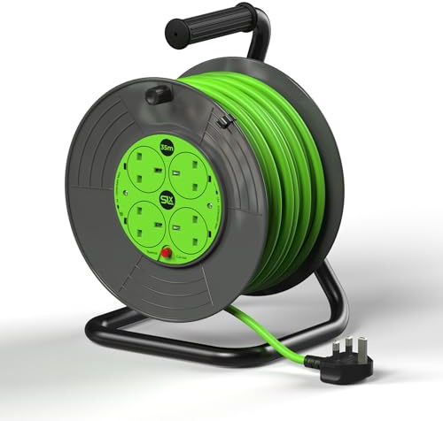 SLx Extension Lead 35m 4 Socket Open Cable Reel with Thermal Cut Out, Extra Long Heavy Duty Extension Cable for Garden, DIY and Workshop, 13A Fused UK Plug in Grey & Green