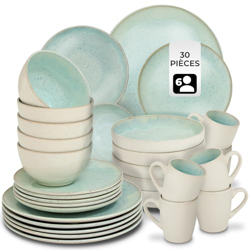 tectake® Vajilla Completa para 6 Personas, Diseño Marítimo, Aptas para Lavavajillas y Microondas, Platos Vajilla, Cuencos y Tazas de Cafe, Vajillas Completas Modernas - 30 Piezas Menta