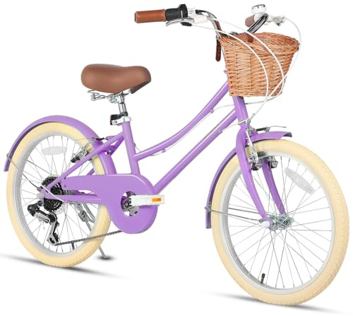 Glerc 20 Inch Beach Cruiser Bike, 6-Speed Hybrid City Bicycle for Girls Youth and Over 6 Years Old, Missy Bike with Wicker Basket & Lightweight, Purple