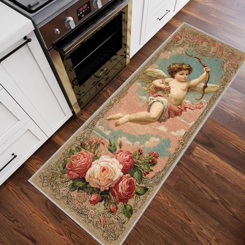 Generisch Love God Teppich Läufer Flur, Barock Engel Teppich Läufer Waschbar, Weicher Kurzflor rutschfest für Küche, Korridor, Vorzimmer, Schlafzimmer Deko, 60x180 cm N5s200Lp