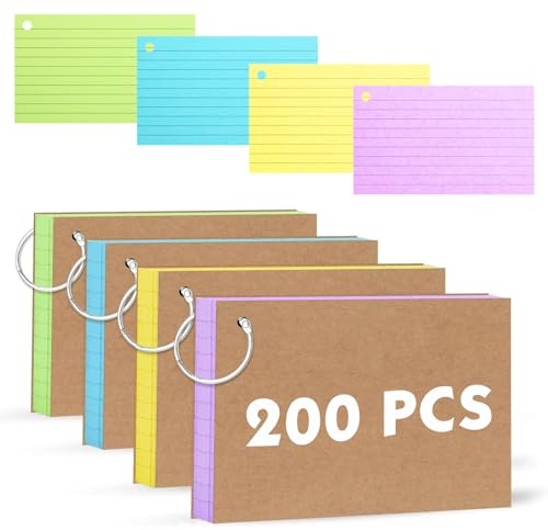 Qcdou 200Pcs Flash Cards(127x76mm), Revision Cards with 4 Binder Rings, Coloured Card, Double Sided Flashcards, Ruled Index Card, Notecards for School, Learning, Office, Work, Speech