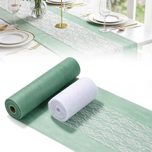 VIRETH HAUS Tischdeko Set Eukalyptus Grün, Vlies Tischläufer 0.3m x 25 m + Spitzenband Weiß 0.15m x 25 m– 2 Rollen Tischband zum Zuschneiden für Kommunion, Taufe, Konfirmation, Hochzeit, Geburtstag