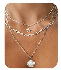 Shell Starfish Necklace Stack for Women, Silver SeaShell Pendant Layered Necklaces Non Tarnish Waterproof Adjustable Choker Paperclip Stainless Steel Necklace Stack Jewelry for Summer Beach Vacation