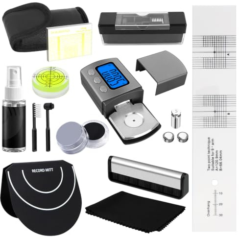 Kit de limpieza de discos de vinilo 12 en 1, kit de alineación de cartucho giratorio con escala digital, regla de acimut, transportador de alineación, nivel de burbuja, cepillo de terciopelo, cepillo