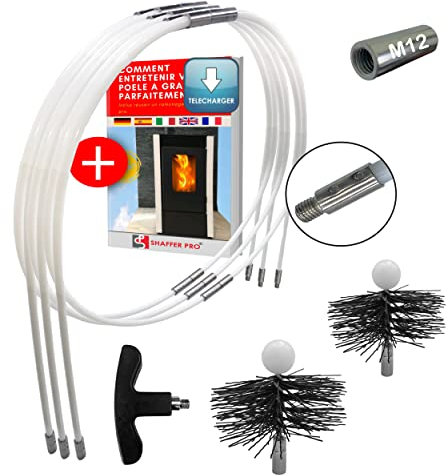 SHAFFER PRO - kit de ramonage poêle pellet 9 mètres - hérisson ramonage 80 mm 100 mm EASYFLEX [Ebook Offert à Télécharger poêle pellets granules] 15 cannes de ramonage flexible Adaptateur M12