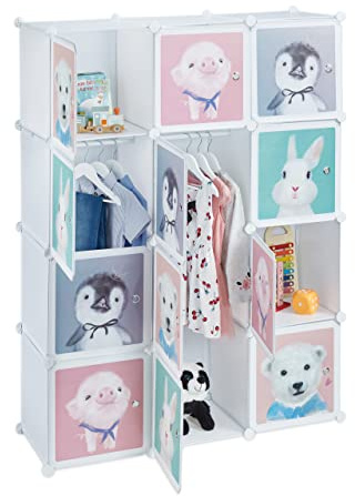 Relaxdays Armario Modular Infantil, 8 Compartimentos, Puertas Estampado Animales, Estantería Niños, 145x109x37cm, Blanco
