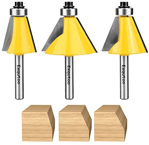 Exqutoo 3-Piece 1/4 ShankChamfer Cutter Set, Cutting Angles: 15 22.5