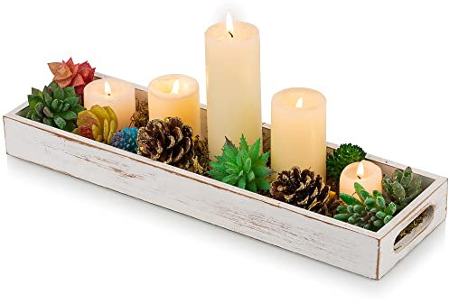 Hanobe Rectangle Long Wood Tray: White Rustic Decorative Trays Rectangular Narrow Candle Holder Trays for Home Decor Table Centerpiece Serving Tray Decor for Dining Table Coffee Bar Living Room