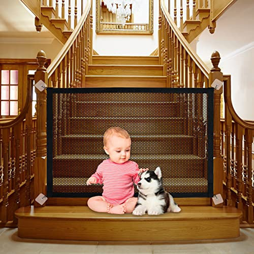 Stair Gates for Dogs, 90x72cm Portable Mesh Dog Gates Indoor with 8pcs Rabbit Shape Hooks, Safety Baby Gate Easy Install Anywhere, Stair Gates Providing a Safe Enclosure for Pets and Baby