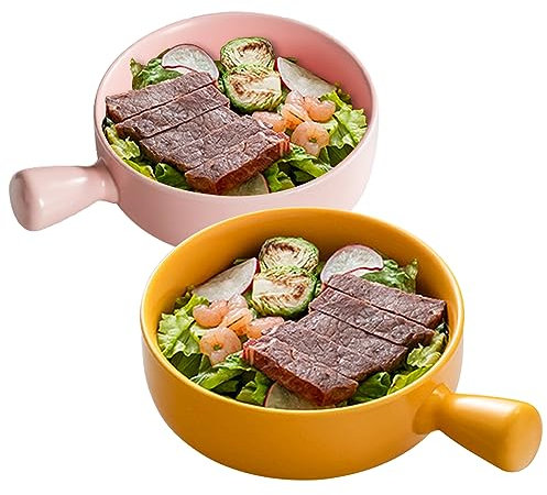 Suppenschüsseln mit Griffen,2pcs Keramik Suppentassen,660ml Suppentasse Mit Henkel, Frühstücksschüssel,Müslischalen,Mikrowellenfest,Tafelgeschirr für Gastronomie und Haushalt,Suppentassen(weiß+Gelb)