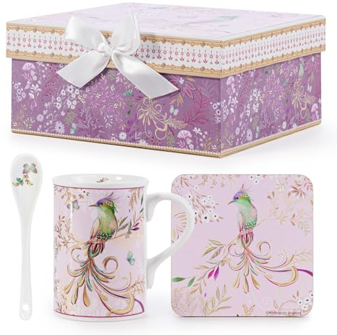 EHC Porcelain Phoenix Design Tea/Coffee Mug with Spoon & Coaster Set, Microwave Safe, Oven Safe, Dishwasher Safe, Gift Boxed, 320ml - Ideal for Tea, Coffee, Latte, Hot Chocolate, Gifts and More