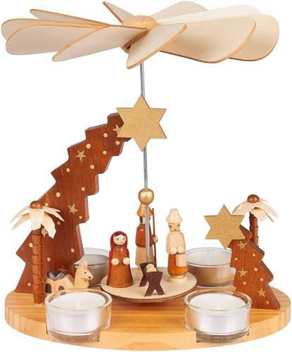 BRUBAKER Weihnachtspyramide aus Holz - Stern von Betlehem, Jesus, Maria, Josef & Hirte - 22 cm große Teelichtpyramide für Weihnachten - drehbare Tischpyramide für 4 Pyramidenteelichter - Handbemalt