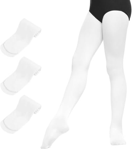 DiULi Kinder Ballett Strumpfhose Weiß, 90D Strumpfhose für Mädchen 1 Pack, Tanzstrumpfhose mit Fuß Ultra-Stretch, Kein Kratzen und Rutschen(Weiß, L)