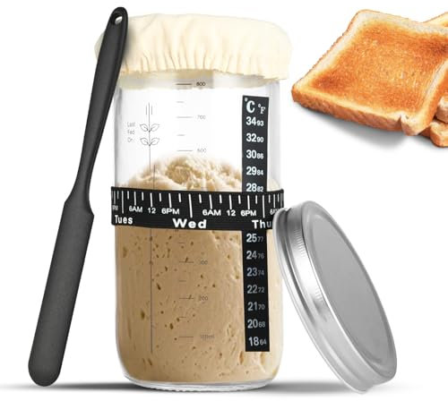 Atliberswo Sourdough Glass 35oz/1000ml, Sourdough Starter Set - Fermentation Jar with Thermometer, Silicone Spatula, Aluminium Lid & Reusable Feeding Band (Bread Baking Accessories)