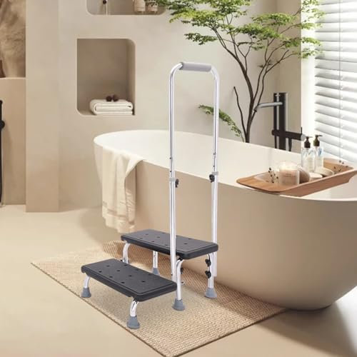 Marchepied de sécurité mobile pour personnes âgées, marchepied antidérapant avec 2 marches et poignée, hauteur réglable, pour baignoires, lits et véhicules