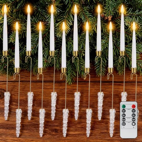 Rhytsing 12 candele per albero di Natale con ganci in cristallo e telecomando, candele a LED coniche a batteria con timer, per albero di Natale e ghirlande decorative