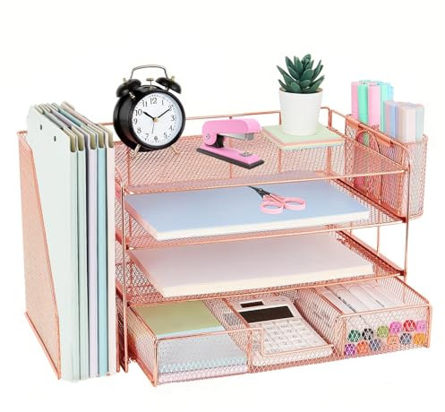 Yeqqzq 4-Tier Desk Organiser and Accessories with File Holder, Desk File Organiser with Drawer and 2 Pen Holder, Paper Organizer for Office Supplies (Rose Gold)