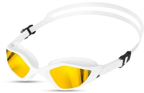 TFA prisbelönta simglasögon | avancerade antidimbehandlade linser | 100 % UVA/UVB-skydd | anpassad 3D TPE-packning | TPE näsbro | designad för män och kvinnor (RAPID-X - vit/guld)