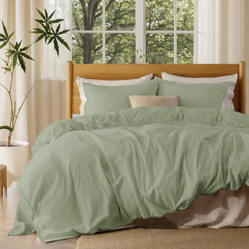 Lanqinglv Grün Bettwäsche Leinen 135x200 Baumwolle Bügelfreie Bettwäsche Set Stonewashed Leinen Optik,85% Baumwolle und 15% Leinen ÖKO-TEX Bettwäsche mit Reißverschluss und 1 Kissenbezug 80x80cm