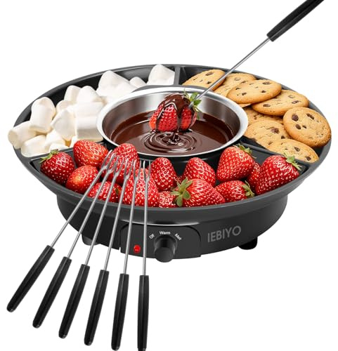IEBIYO Chocolate Melting Pot Electric Chocolate Fondue Pot Set 3-Section Food Trays with 6pcs Dipping Forks Perfect for Chocolate Cheese Dessert Housewarming Christmas Party Gifts (Black)