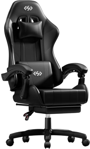 HLFURNIEU Silla Gaming Ergonómica, Silla Gamer con Reposacabezas y Reposapiés Retráctil, Cadeira Gaming con Soporte Lumbar, Sillon Gamer Altura Ajustable, Negro