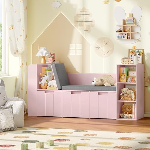 HOCSOK 156 cm Bibliothèque Enfant Banc, Meuble Rangement Jouet, 3 Tiroirs