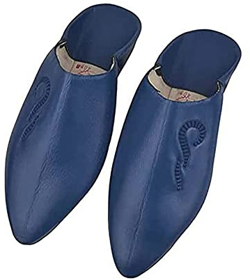 Babuchas Marroquíes de Piel Auténtica – Zapatillas Artesanales Tradicionales Hechas a Mano – Calzado Oriental Unisex (Azul, 44, Sistema Tallas Calzado EU, Adulto, Hombre, Números, Mediano, 44)