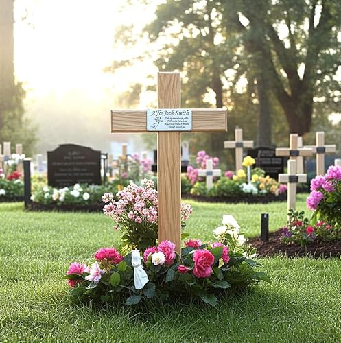 Personalised Cemetery Memorial Cross – Solid Oak Graveside Tribute