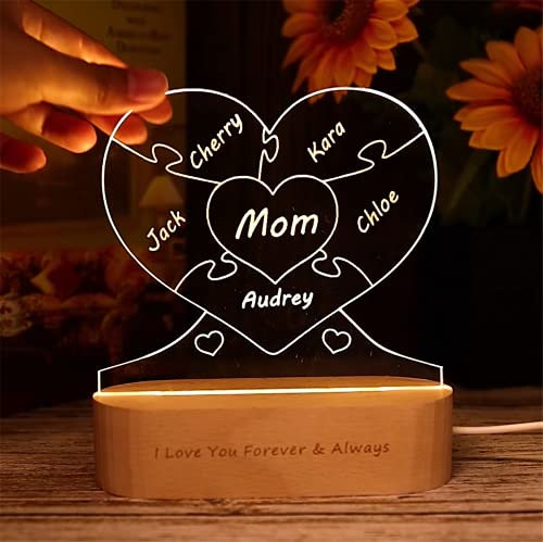 ASD Jewerly Personalisierte 3D-Lampe Benutzerdefinierter Name Herz-Puzzle mit 1-12 Familiennamen Acryl Nachtlicht mit Holzsockel, für Hochzeitstag Weihnachten Geburtstag Muttertag Vatertag