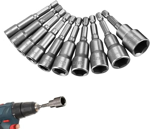 ToKinCen 6-15mm Magnetic Nut Driver Set, 1/4 inch Hex Shank Quick Change Magnetic Hex Shank Nut Setter Driver, Hex-Shank Drill Bits Socket Metric Nut Driver Set (10pcs)