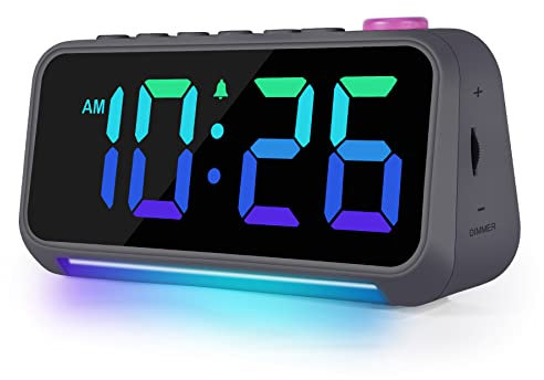 Wecker für Kinder, Jugendliche, Erwachsene, Farbwechsel-Wecker, 15,2 cm, LED-Digitalwecker, Nachtlicht-Uhr, Digitaluhr mit mehreren Schriftanzeige, dimmbar, 5 Lautstärken, USB-Ladegerät, Dunkelgrau