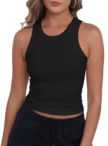 GEMBERA Womens Sleeveless High Neck Racerback Ribbed Knit Fitted Basic Cropped Tank Top (3936 Black M)