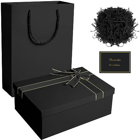 Black Gift Box, Luxury Gift Boxes with Lids Ribbon Greeting Card Shredded Paper and Paper Gift Bag Jewellery Gift Boxes for Valentines Day Presents Birthdays Wedding Anniversaries(22 * 16 * 8.5cm)