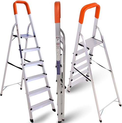 Lightweight Step Ladders 6 Step 67.75’’ (167 cm), 330.6 lbs (150 kg) Max Load, Non-Slip Wide Steps, Foldable, Heavy Duty Aluminium Tall Folding Ladder - Compact& Portable
