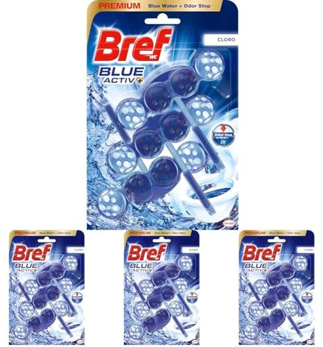 Bref Blue Activ Cloro Cesta WC (3 unidades), limpia baño para un WC siempre limpio y fresco, limpiador de baños con fórmula antical que elimina la suciedad (Paquete de 4)