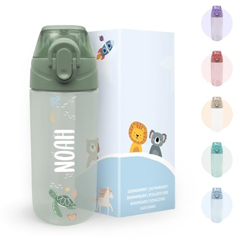gutmarkiert - Kindertrinkflasche Personalisiert mit Strohhalm. Trinkflasche mit Namen und Motiv personalisierbar. Spülmaschinenfest. Auslaufsicherer Deckel. 450ml (Salbeigrün)