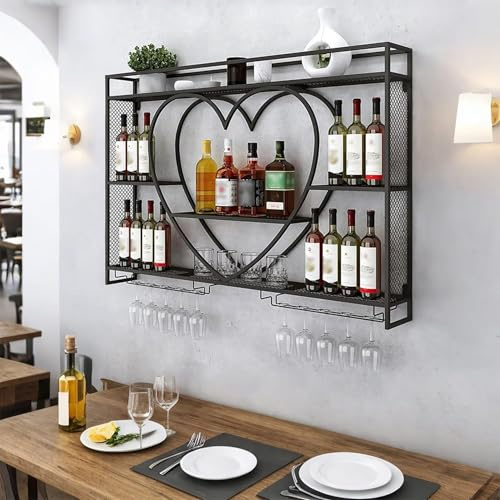 W2 Liquor Bottles Bar Shelves Wall Mounted with LED Lighting Glass Holder, Wine Rack 3-Tiers Display Storage Organizer Hanging Long Stemware Goblet Metal for Home Cellar Black(39x 6x 33)