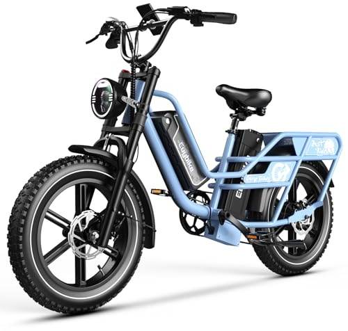 Dual Battery Electric Bike for Adults, Cargo Ebike with 48V 60AH Removable Battery Up to 160 Miles, 1450W Peak Motor 34MPH Electric Bicycle, 20 x 4 Fat Tire 7 Speed Hydraulic Disc Brakes E Bike Blue