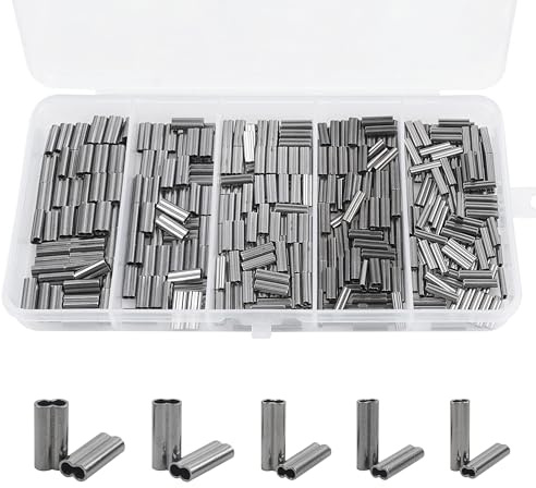 JOGFFDE Kit di 300 manicotti a crimpare per pesca, doppio barilotto a crimpare in rame, connettori per lenza e tubi, 5 misure da 0,8 a 1,8 mm
