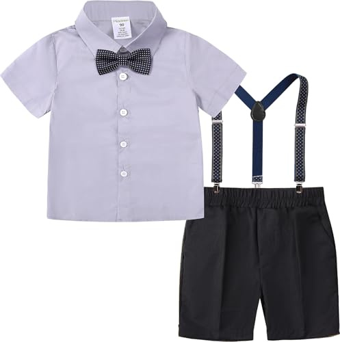 Conjunto de ropa para bebé niño de mintgreen, traje de caballero con camisa de manga corta y corbata de moño, pantalones con tirantes, traje de boda, talla: 1-4 años, Gris Azul, 3-4 años