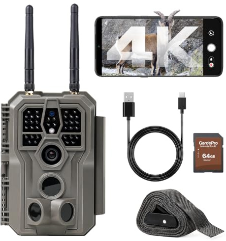 GardePro E8 2.0 Cámara de Caza, WiFi de Doble Antena con Tarjeta SD de 64GB, 64MP 4K H.264, Alcance de Visión Nocturna de 30m y 0,1s Tiempo de Activación, LED IR de 940nm No-Glow, IP66