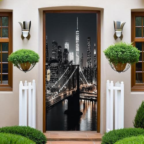 Nero Adesivi Porte Interne 90 x 200 cm Ponte di Brooklyn di notte Adesivi Murali Per Porte PVC Autoadesivo Impermeabile per la Porta Della Camera da Letto del Soggiorno Decor Domestica